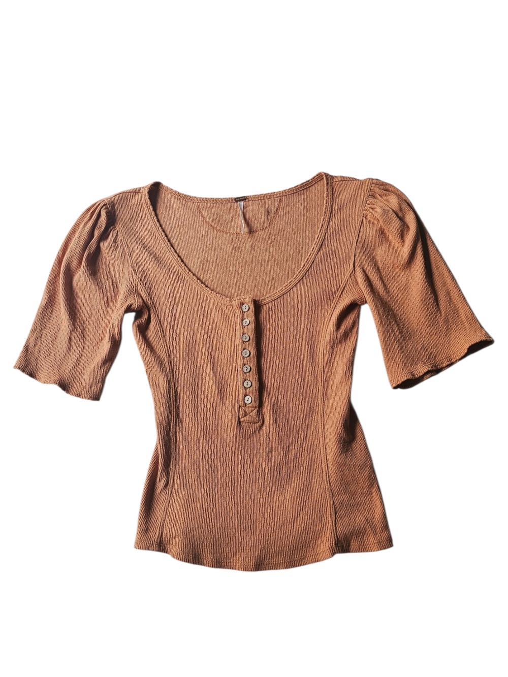 Free People Rust Ribbed Scoop-Neck Button Tee